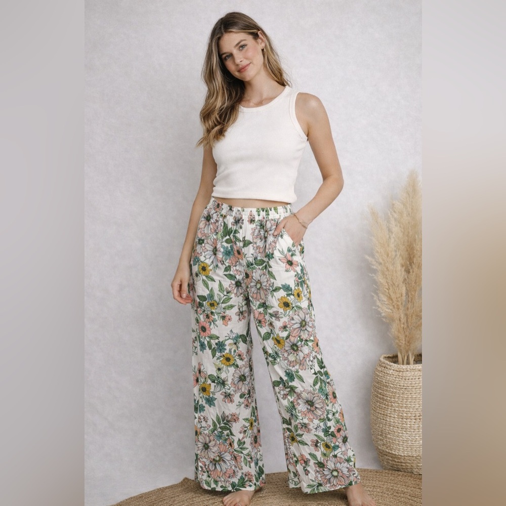 O’Neill Floral Wide Leg Pants Boho Smocked Waist XL Floral